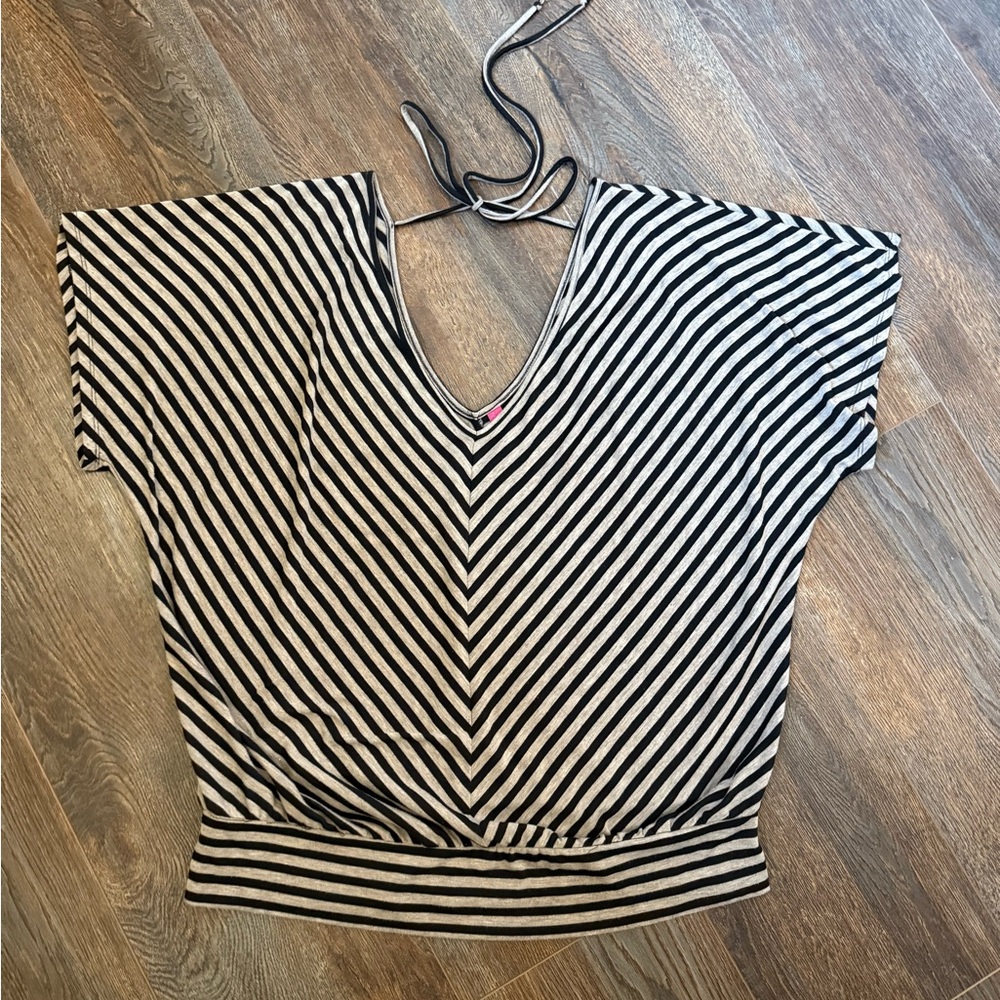 Black and tan Striped V-Neck Top